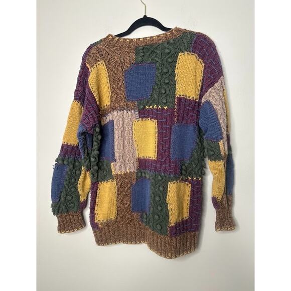 Vintage 90s Express Tricot Hand Knitted Sweater Medium Leaves Patchwork Boho - Picture 5 of 9